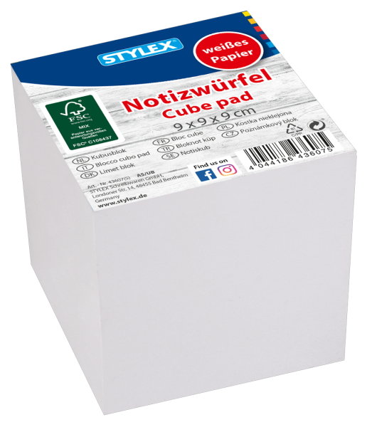 STYLEX® Notizwürfel Zettelklotz 43607, 9 x 9 x 9 cm, ca. 1000 Blatt