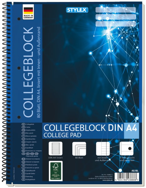 STYLEX® Collegeblock 43888, DIN A4, liniert, 1 Block = 80 Blatt