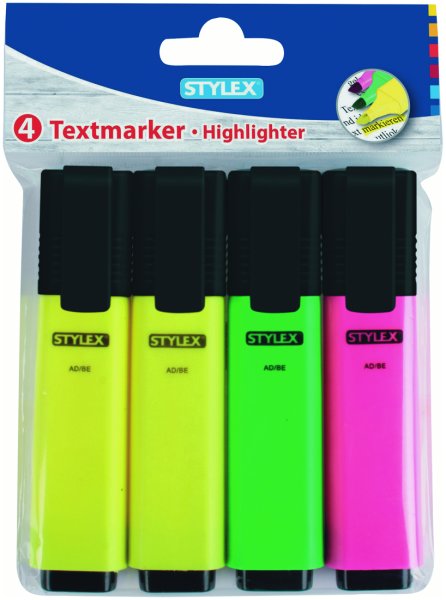 STYLEX&reg; Textmarker, mit Clip, farbig, sorftiert, 1 Packung = 4 St&uuml;ck